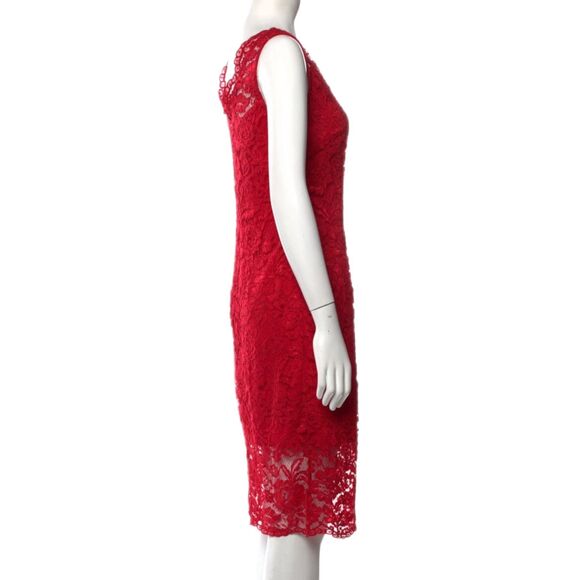 Marina | Red Floral Metallic Lace Overlay Knee Length Sheath Dress, Size M or 8 - Picture 5 of 10
